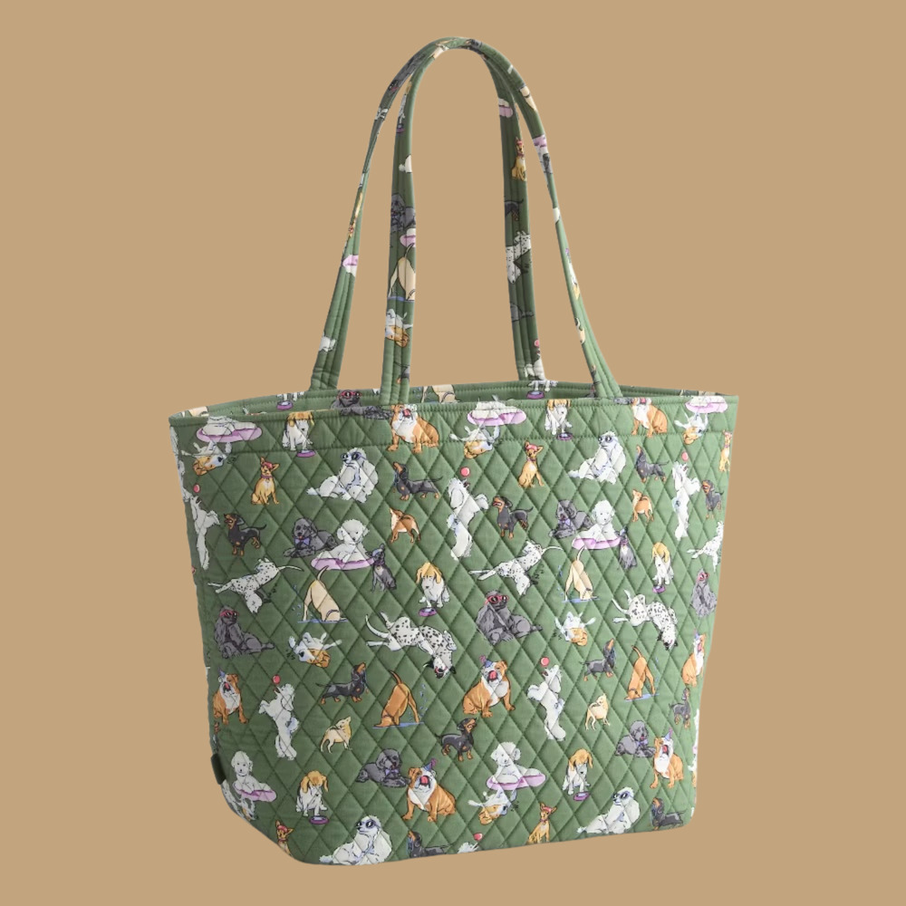 New Vera Bradley Dog Park Grand Tote Large Quilted Cotton Shoulder Bag Green